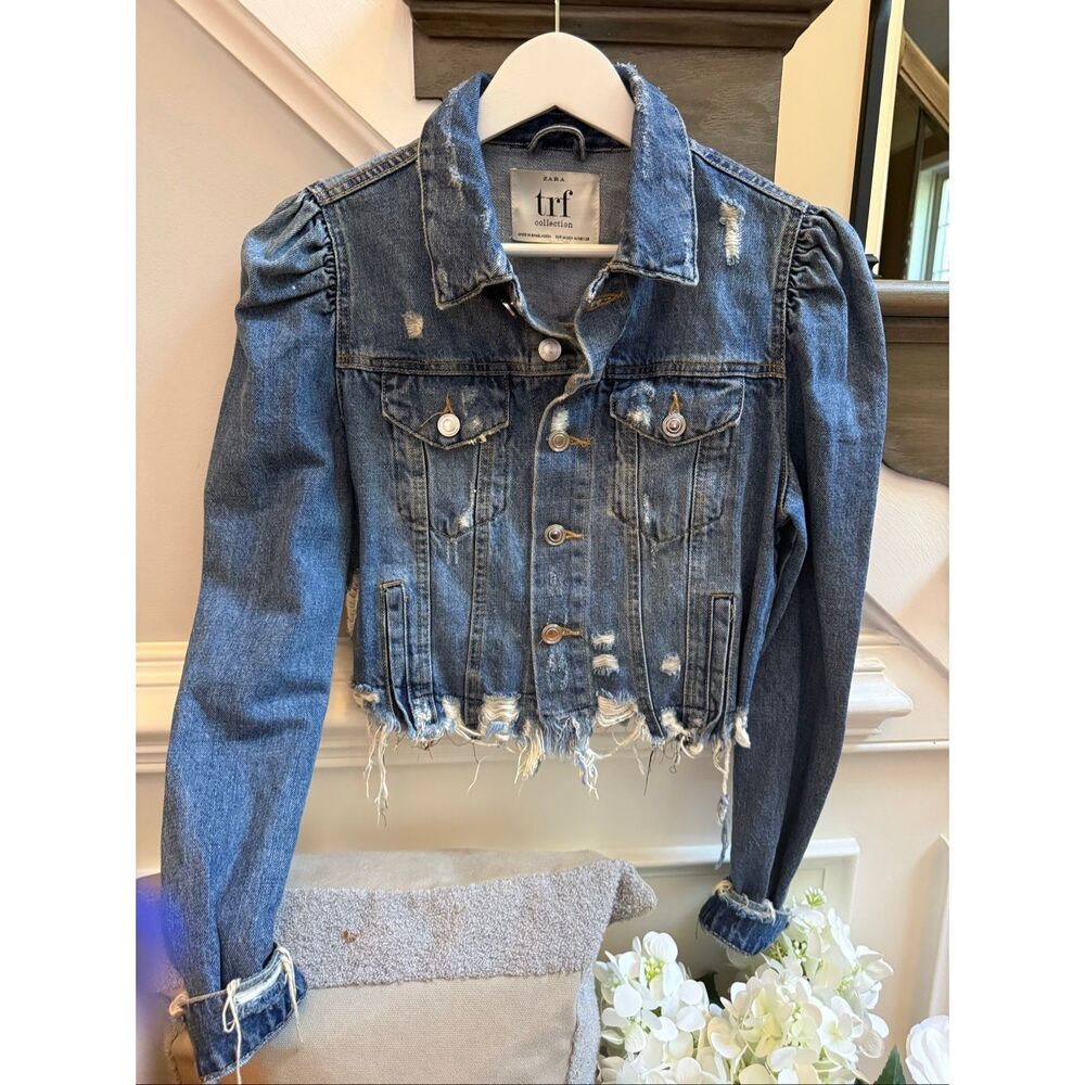 ZARA trf Puff Sleeve Destroyed Denim Jacket sz S